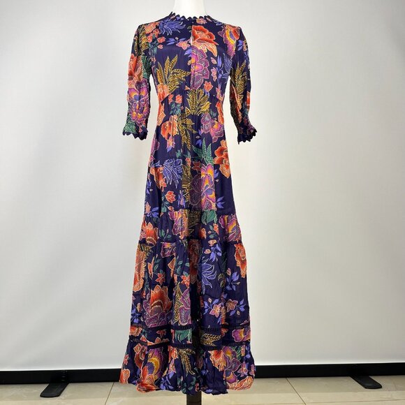 $598 NWT Johnny Was Jade Silk Blend DAPHNE TEA Tiered Ruffles Midi DRESS Size XS - Picture 5 of 16